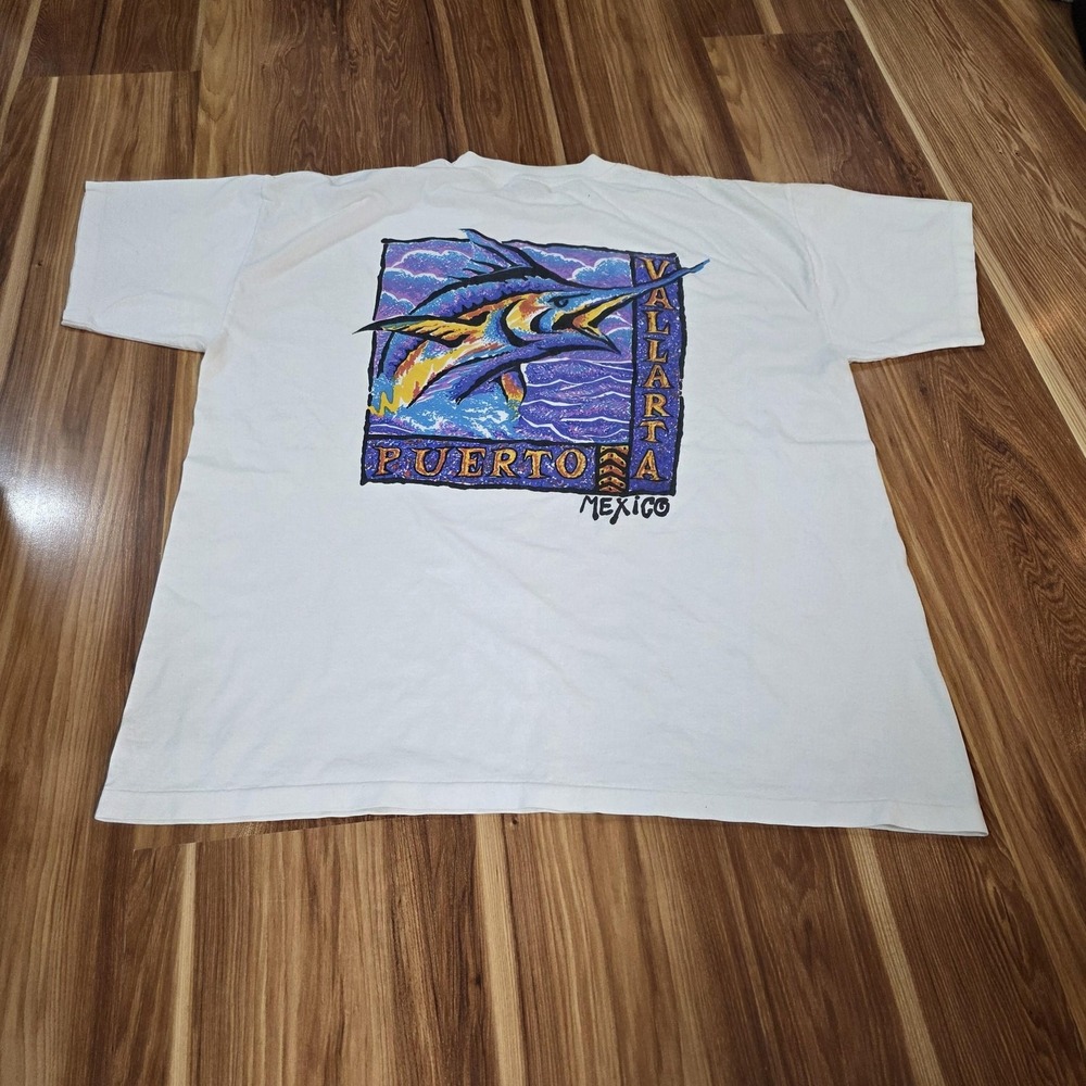 Vintage Puerto Vallarta Mexico Marlin‎ Shirt Mens One Size White Super 2000 90s